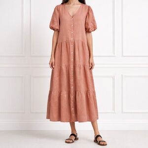 Mango 100% Linen Tiered Midi Dress – As Seen in Vogue - Dusty Pink Puff Sleeve